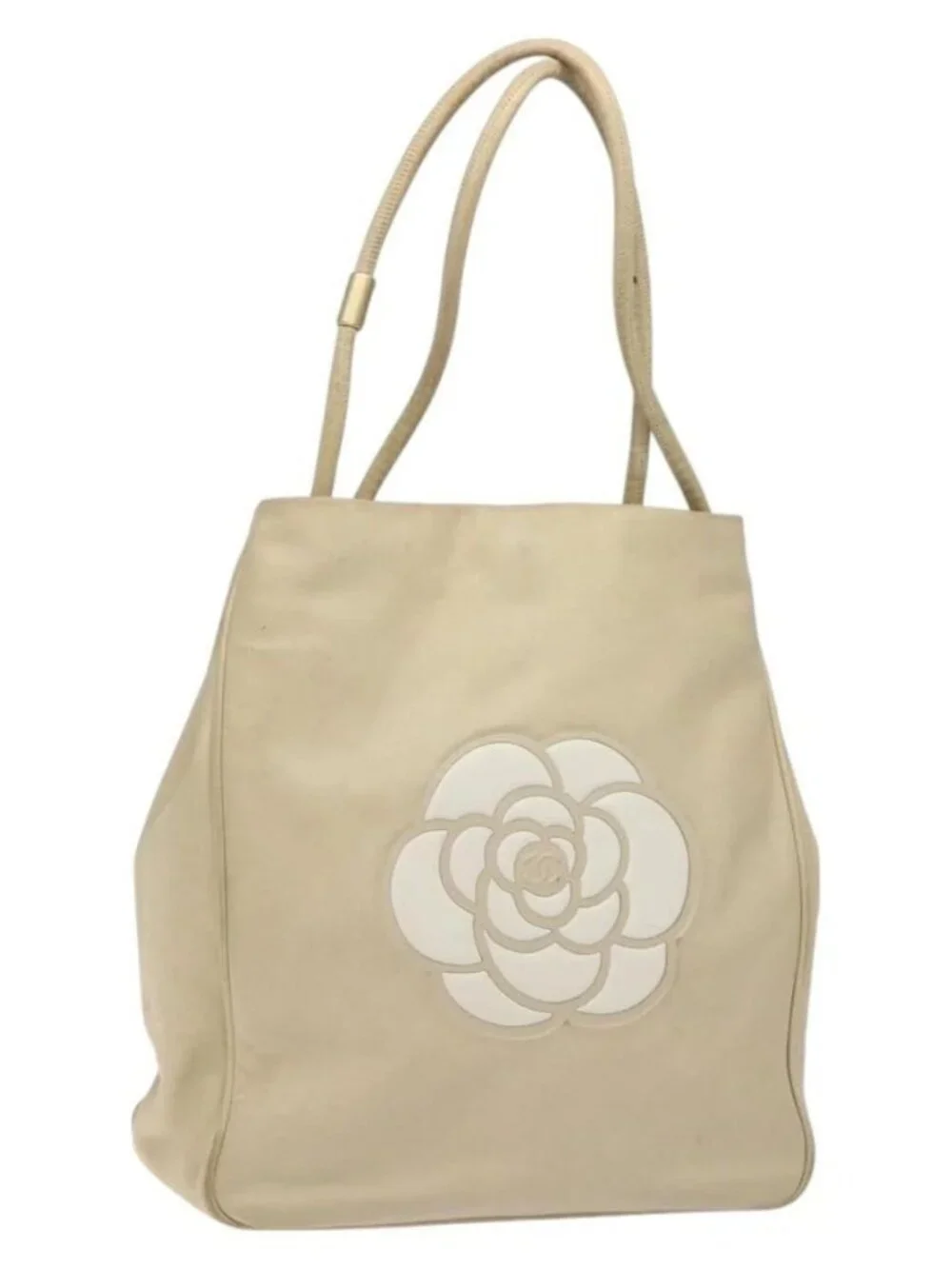 CHANEL Camelia Tote Bag Lamb Skin Beige Gold CC Auth 130498